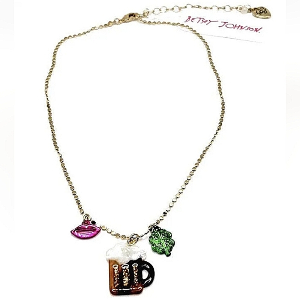 New! BETSEY JOHNSON St Patrick's Day Beer, Shamrock, and Lip Charm Necklace.